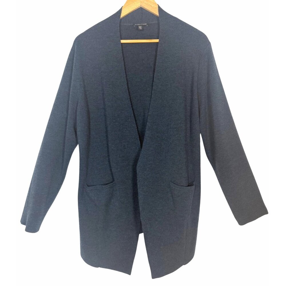 Eileen Fisher Merino Wool Open Front Cardigan L Teal Green Luxury Classic Qualit